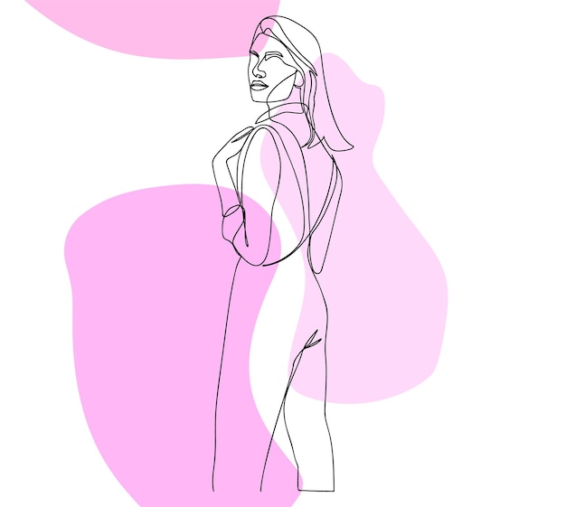 Женщина, стоящая назад, рисует одну линию на белом изолированном фоне с розовыми пятнами.