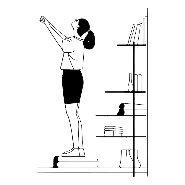 Woman standing on the bookshelf and looking at books