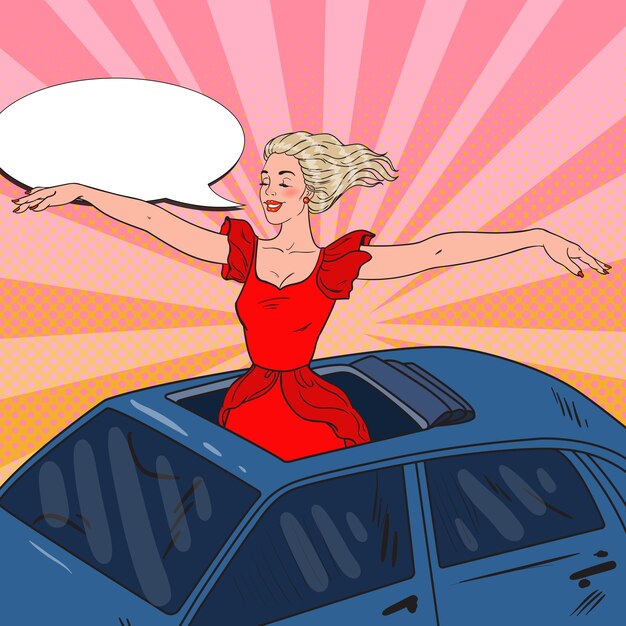 woman standing in a car with arms wide open