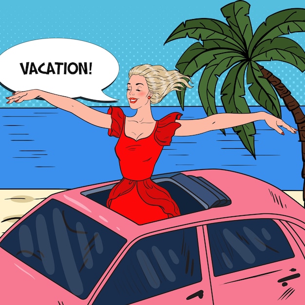 Vector woman standing in a car with arms wide open