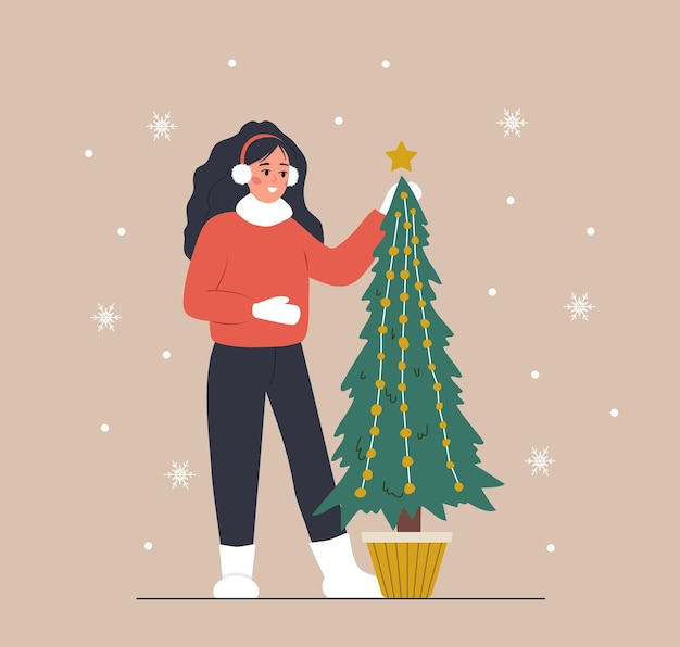 Vector woman standing next to christmas tree smiling girl preparing for winter holidays new year postcard