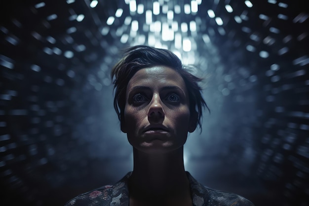 Una donna in piedi in un tunnel buio con le luci