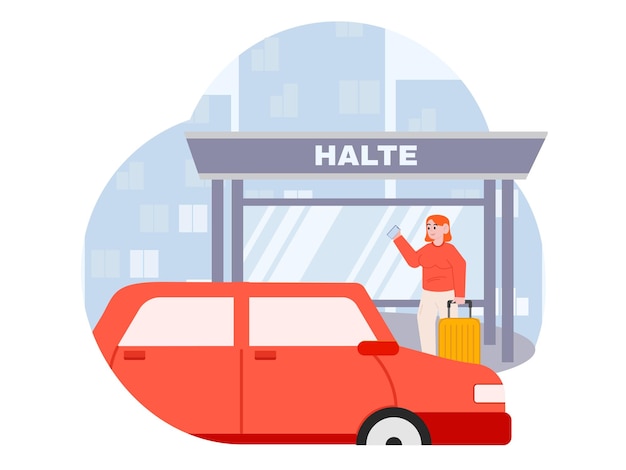 Woman standing at the entrance to the hale car illustration