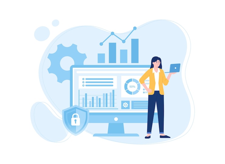 Vector a woman standing in front of a graphics computer trending concept flat illustration