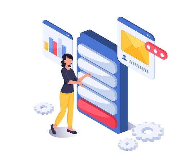 woman standing in front of large digital interface with email and chart icons in isometric graphic