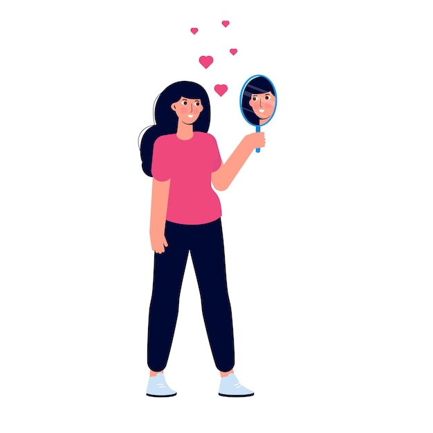 A woman standing in front of a mirror gazing at his own reflection embodies the idea of selflove The concept of egotism is mirrored in this vector illustration