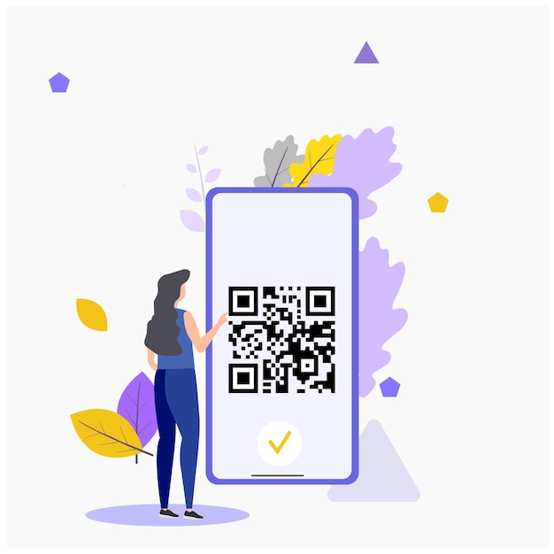 Vector woman standing in front of mobile phone  with qr barcode concept of quick response code