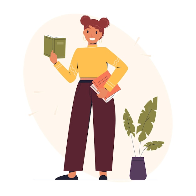 Vector a woman standing in front of a plant and reading a book.