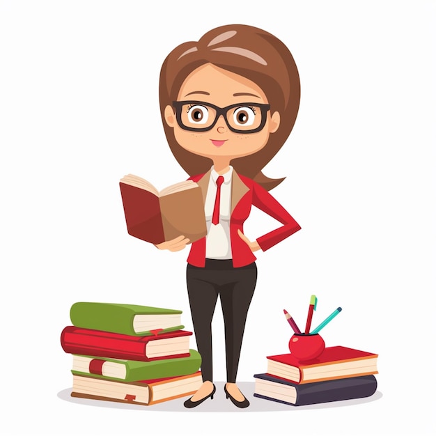 a woman standing in front of a stack of books with a book in her hand