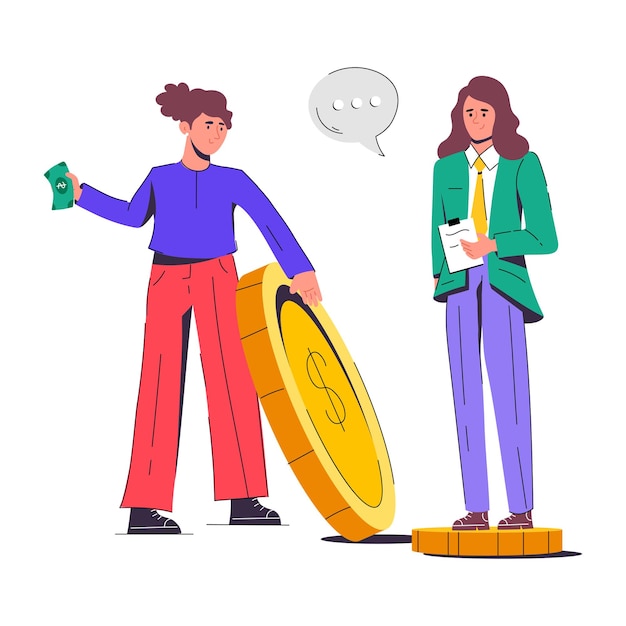 Vector a woman standing next to a giant coin with a man in a suit and a woman in a suit with a speech bubble saying'$ 1. 5 '