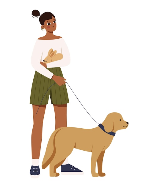 Vector woman standing and holding rabbit in his arms and dog on leash concept of love for pets design element