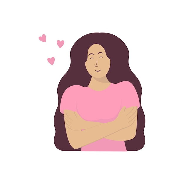 Woman Standing Hugging Her Own Body Self Love and Self Acceptance Flat Design Vector Illustration