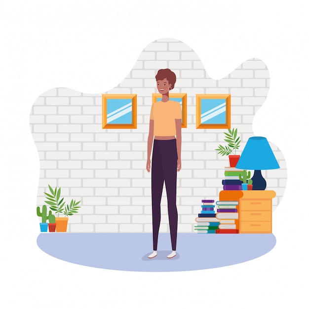 Vector woman standing in the living room with books