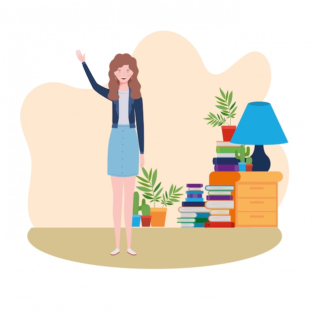 Woman standing in the living room with books