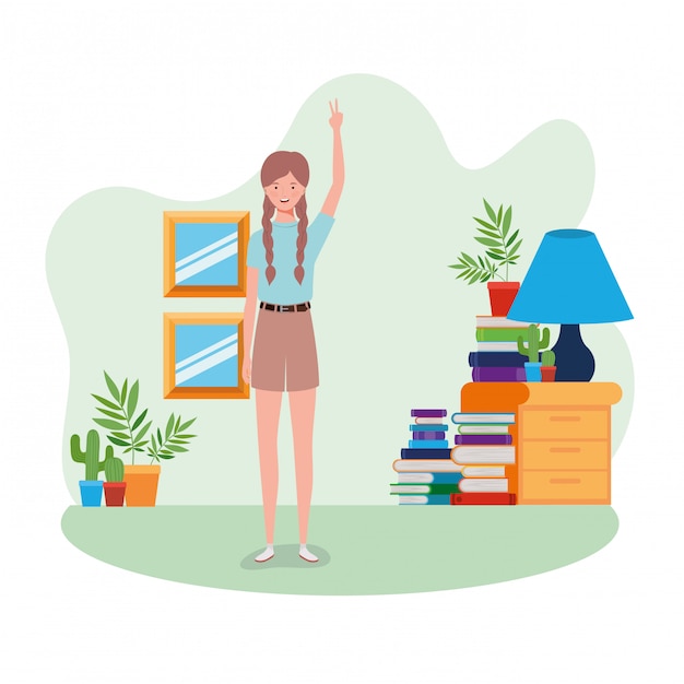 Vector woman standing in the living room with books