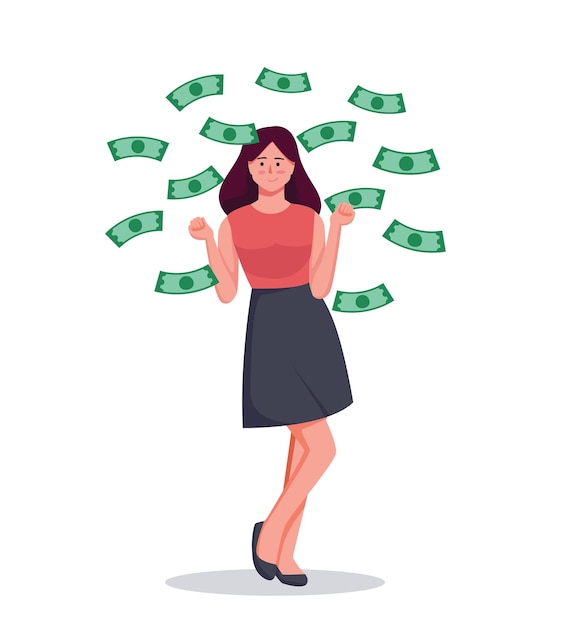 Vector woman standing under money rain banknotes falling vector illustration