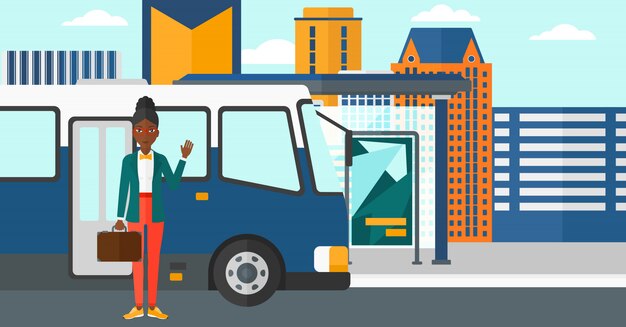 Vector woman standing near bus