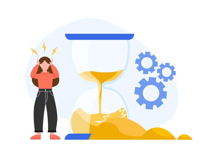 वेक्टर woman standing near hourglass and holding head worry about timing