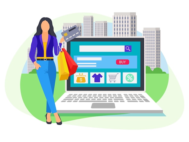 Vector woman standing near laptop and holding card in her hand for online payment