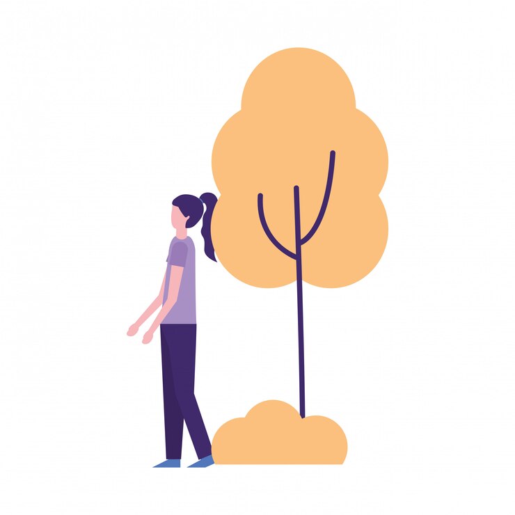 Vector woman standing near tree plant