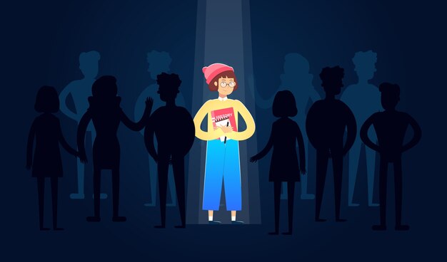 Vector woman standing out from the crowd. leader