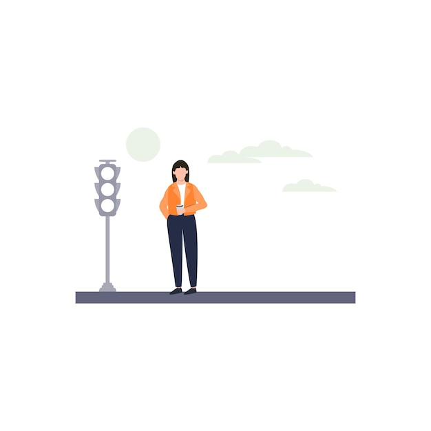 Vector a woman standing next to a traffic light