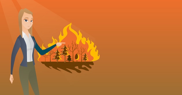 Vector woman standing next to wildfire.