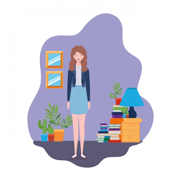 Woman standing with bookshelf of wooden and books