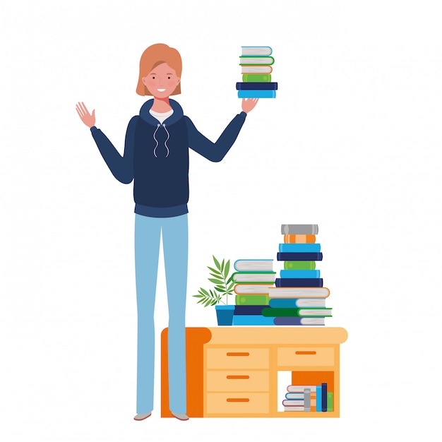 Woman standing with bookshelf of wooden and books