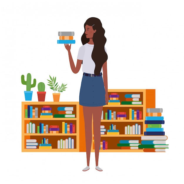 Vector woman standing with bookshelf of wooden and books