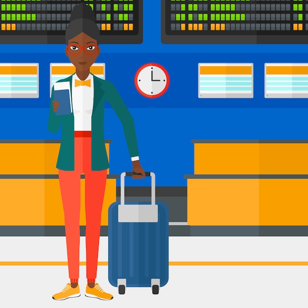 Vector woman standing with suitcase and holding ticket