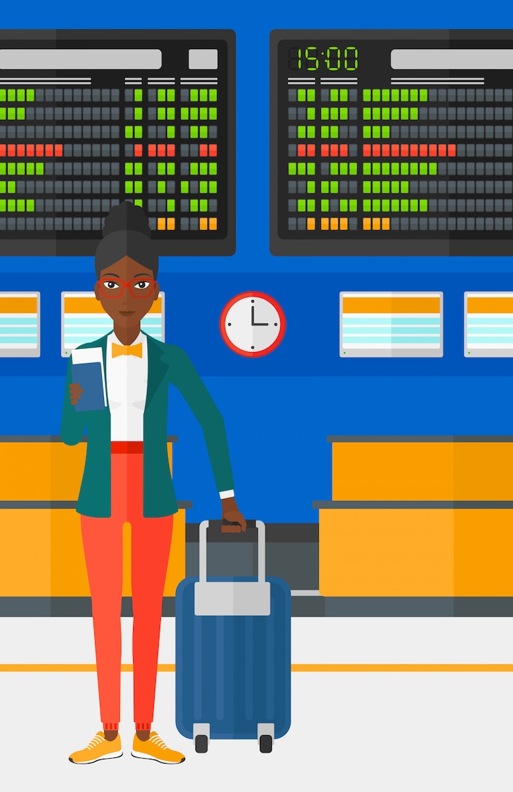 वेक्टर woman standing with suitcase and holding ticket