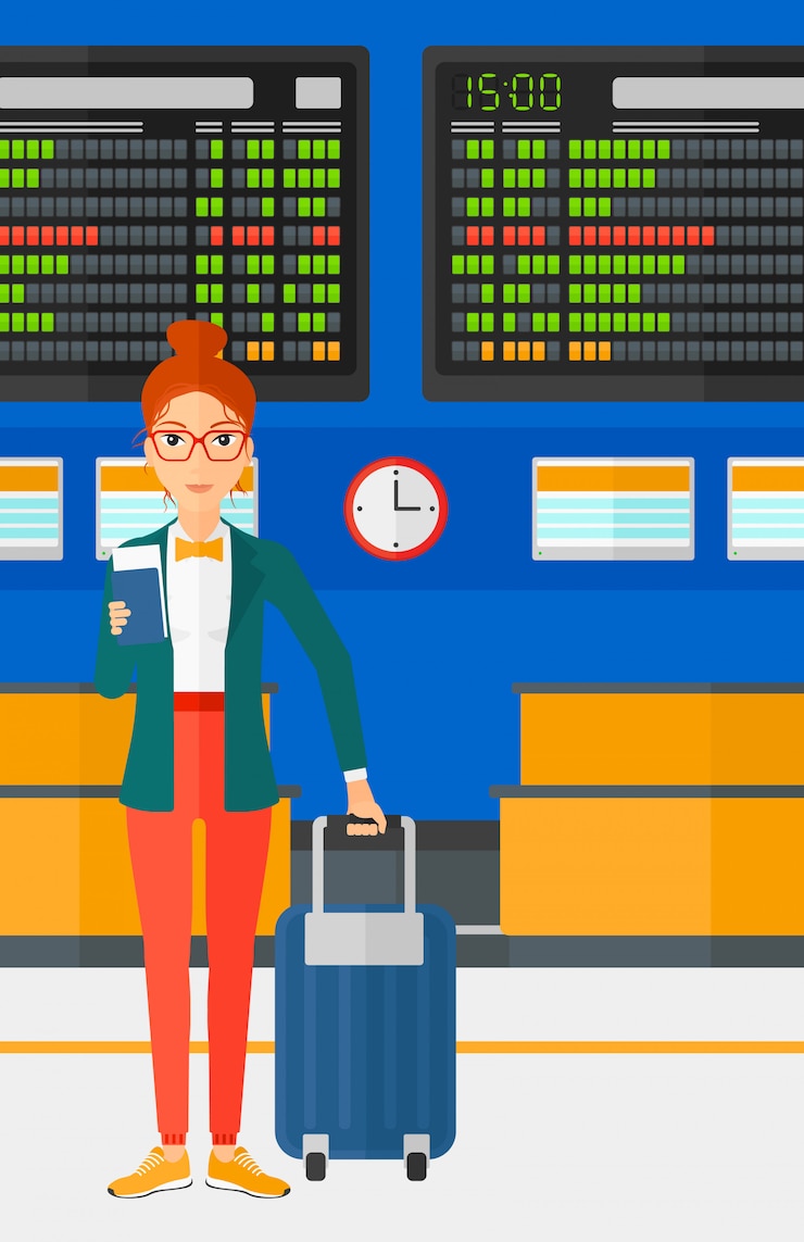 वेक्टर woman standing with suitcase and holding ticket