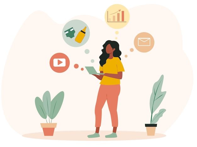 woman standing with a tablet surrounded by icons representing business motherhood and online media minimalistic style with a light background concept of multitasking and worklife balance
