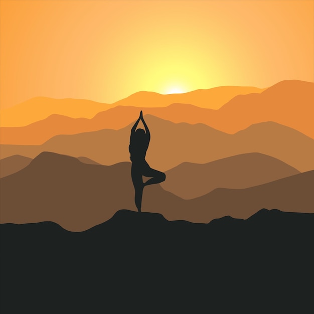 Woman in standing yoga position of tree on the top of a\
mountains, meditation, relax, recreation