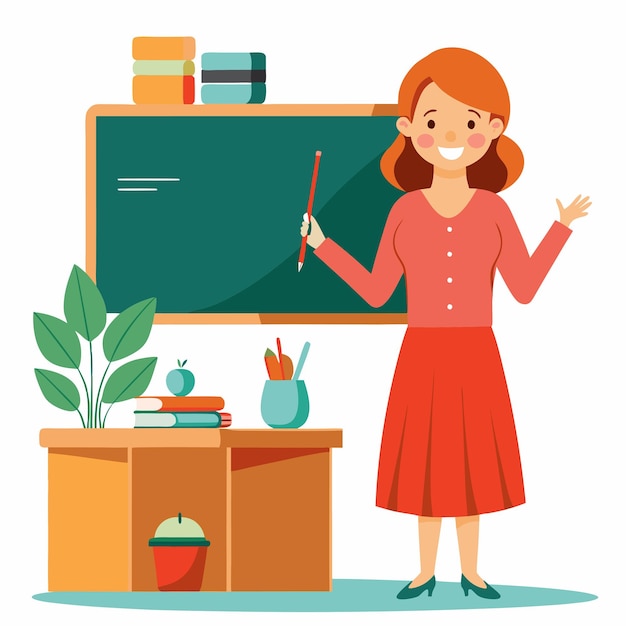 Vector a woman stands in front of a chalkboard with a drawing of a woman in a red dress