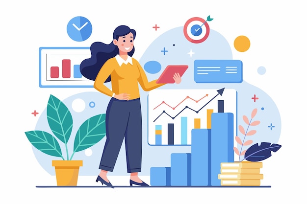 A woman stands in front of a computer screen analyzing business growth trends and data A woman analyzing business growth Simple and minimalist flat Vector Illustration