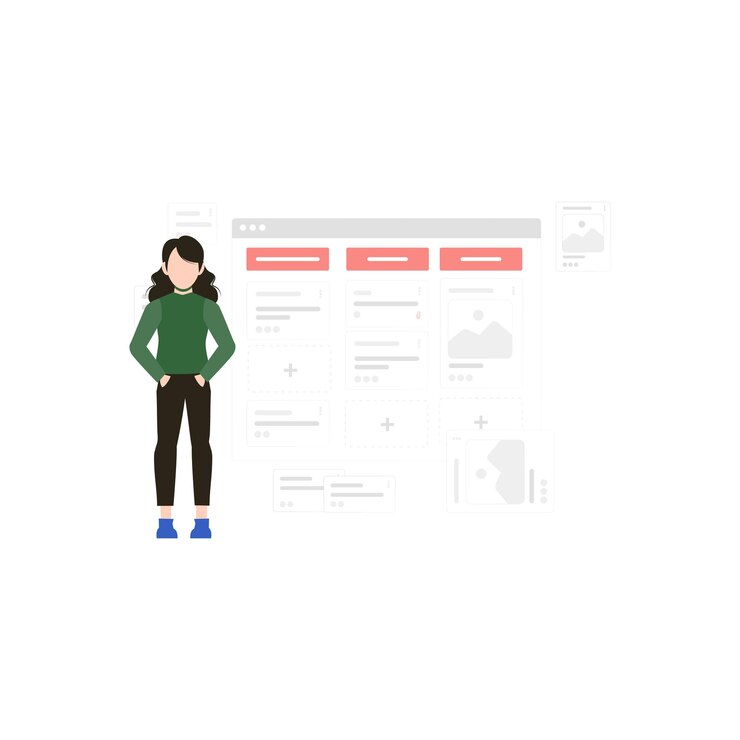 Vector a woman stands in front of a screen that says the word search on it.