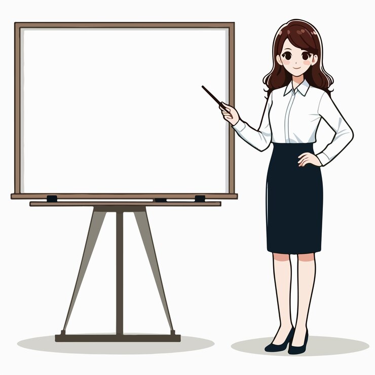 白い板の前に立っている女性がその前に立っていると言っています
