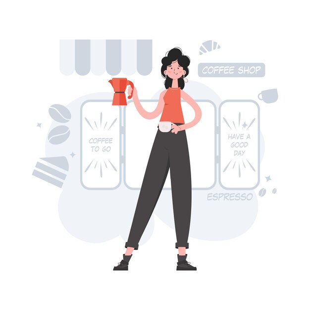 A woman stands in full growth in her hands a cup and a coffee pot Coffee shop Element for presentations sites