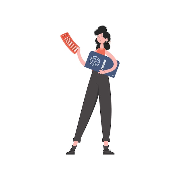 Vector a woman stands in full growth holding a passport isolated element for presentations sites