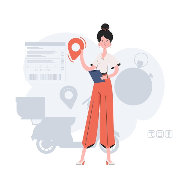 Женщина стоит в полный рост и держит в руках навигационный знак Элемент доставки для сайтов презентаций