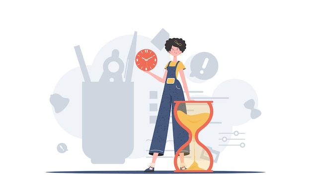 A woman stands in full growth next to an hourglass Time management Element for presentation Vector illustration