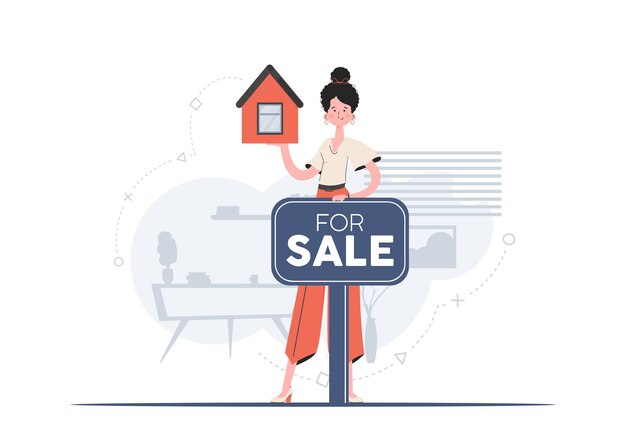 Vector a woman stands in full growth is engaged in the sale of a house realtor flat style element for presentations sites vector illustration