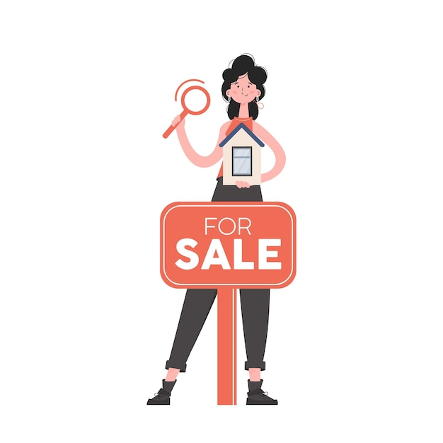 A woman stands in full growth looking for a house in the real estate market isolated flat style element for presentations sites vector illustration