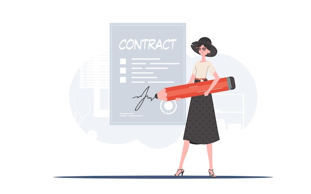 Vector a woman stands in full growth and puts a signature with a pencil on a corporate document partnership element for presentation vector illustration