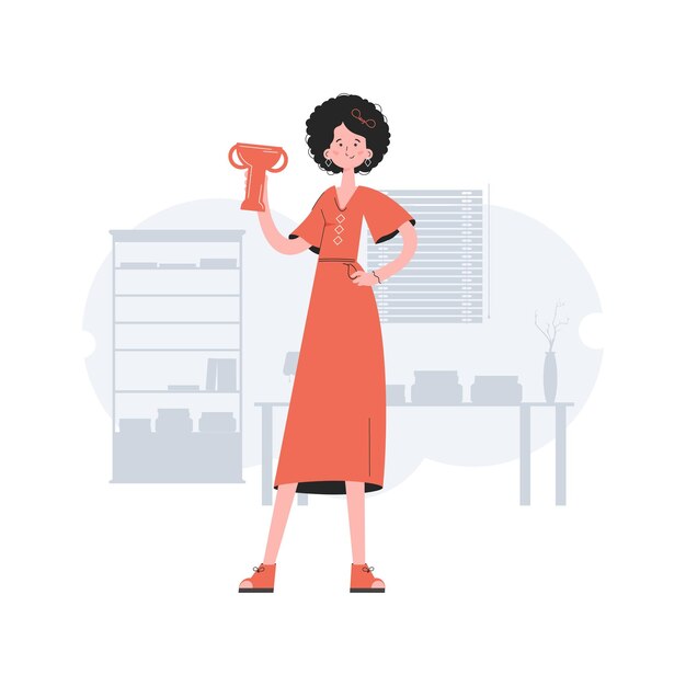 Vector a woman stands in full growth with a goblet victory element for presentations sites