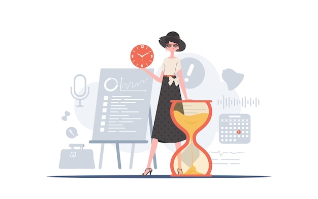 A woman stands in full growth with an hourglass Time management Element for presentation Vector illustration