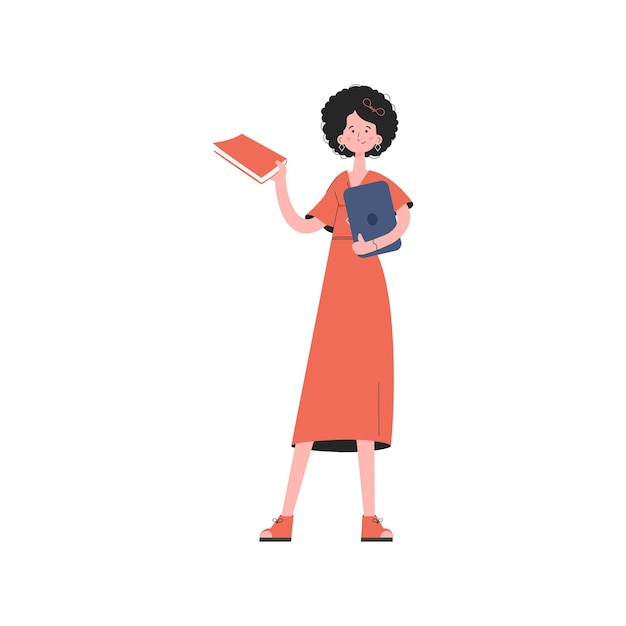 Vector a woman stands to her full height and holds a textbook in her hands isolated element for presentations sites