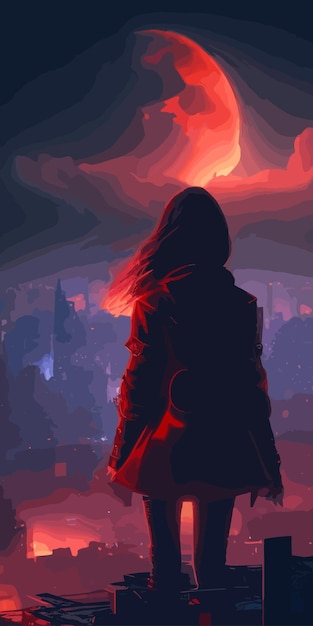 여자는 밤에 도시를 바라보는 언덕에 서 있다.